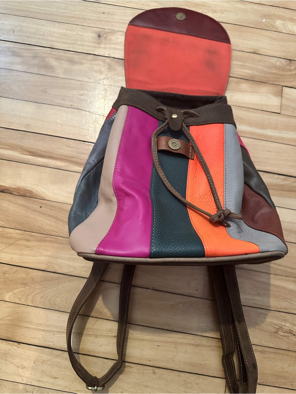 Multicolor Leather Patchwork Drawstring Backpack - Pink/Maroon - Picture 4 of 9
